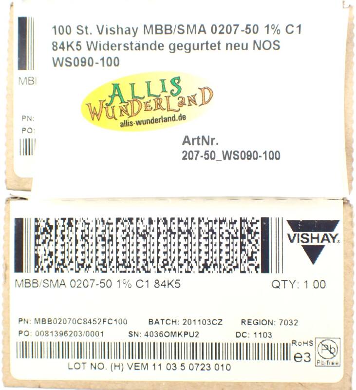 100 St. Vishay MBB/SMA 0207-50 1% C1 84K5 Widerstände gegurtet neu NOS WS090-100