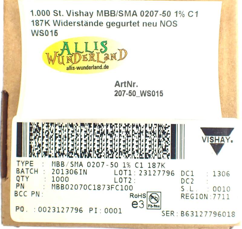 1.000 St. Vishay MBB/SMA 0207-50 1% C1 187K Widerstände gegurtet neu NOS WS015