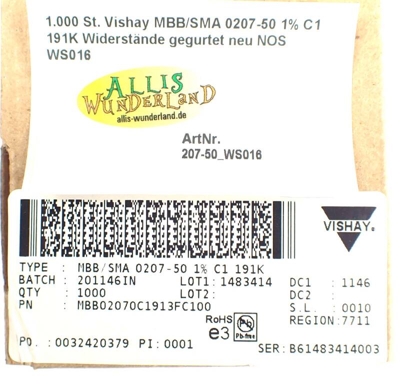 1.000 St. Vishay MBB/SMA 0207-50 1% C1 191K Widerstände gegurtet neu NOS WS016