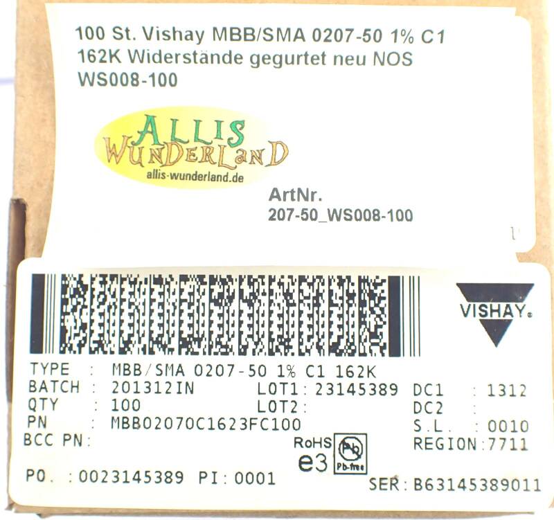 100 St. Vishay MBB/SMA 0207-50 1% C1 162K Widerstände gegurtet neu NOS WS008-100
