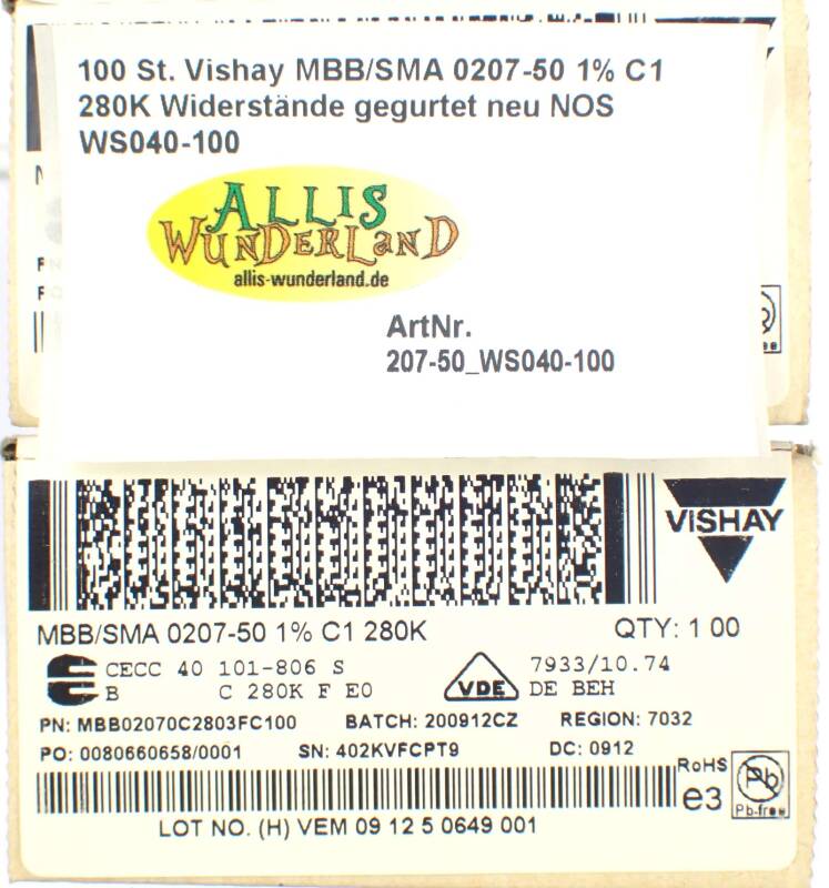 100 St. Vishay MBB/SMA 0207-50 1% C1 280K Widerstände gegurtet neu NOS WS040-100