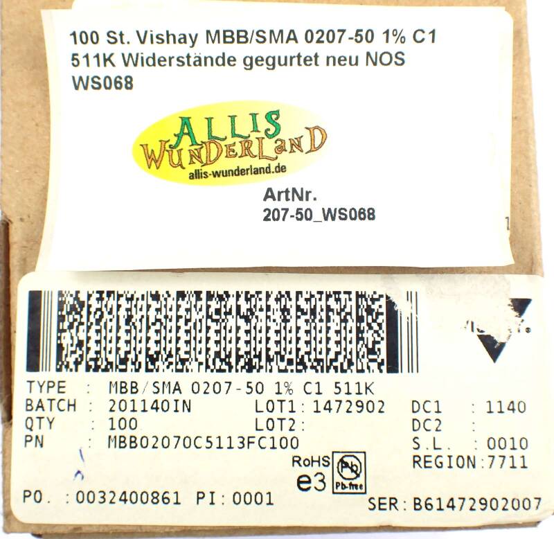 100 St. Vishay MBB/SMA 0207-50 1% C1 511K Widerstände gegurtet neu NOS WS068