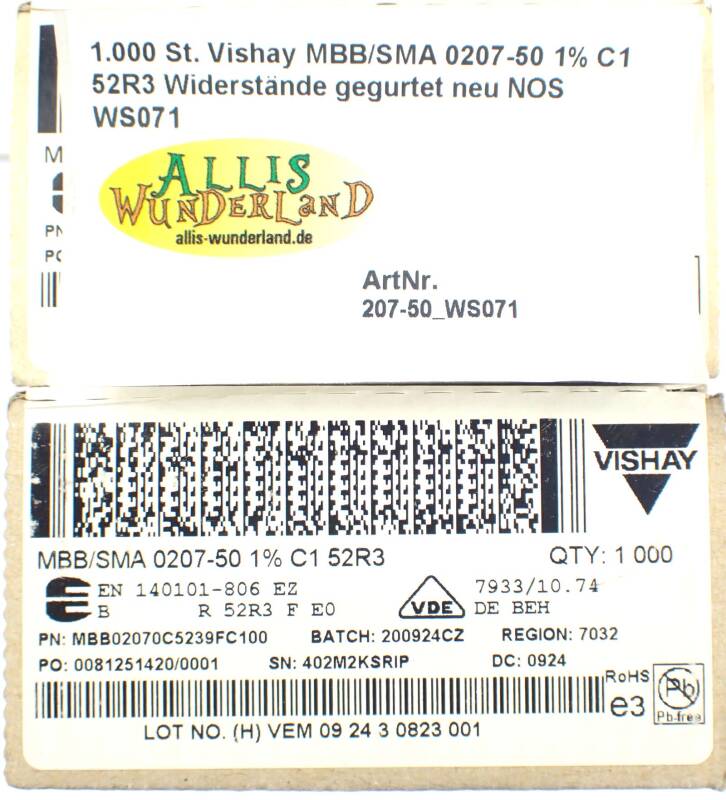1.000 St. Vishay MBB/SMA 0207-50 1% C1 52R3 Widerstände gegurtet neu NOS WS071