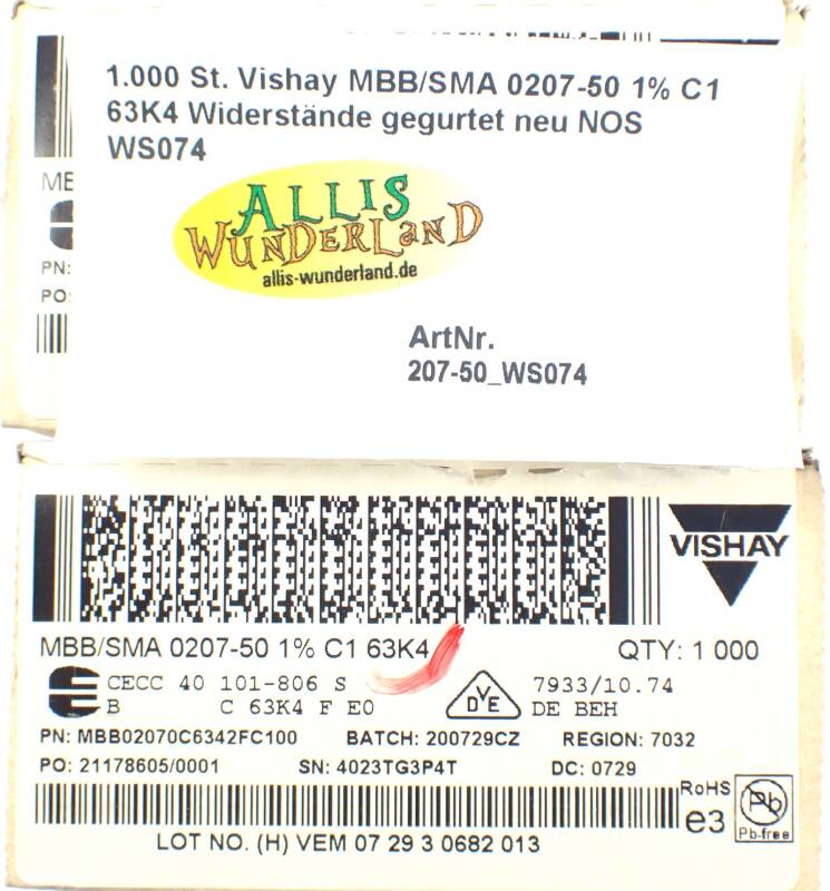 1.000 St. Vishay MBB/SMA 0207-50 1% C1 63K4 Widerstände gegurtet neu NOS WS074