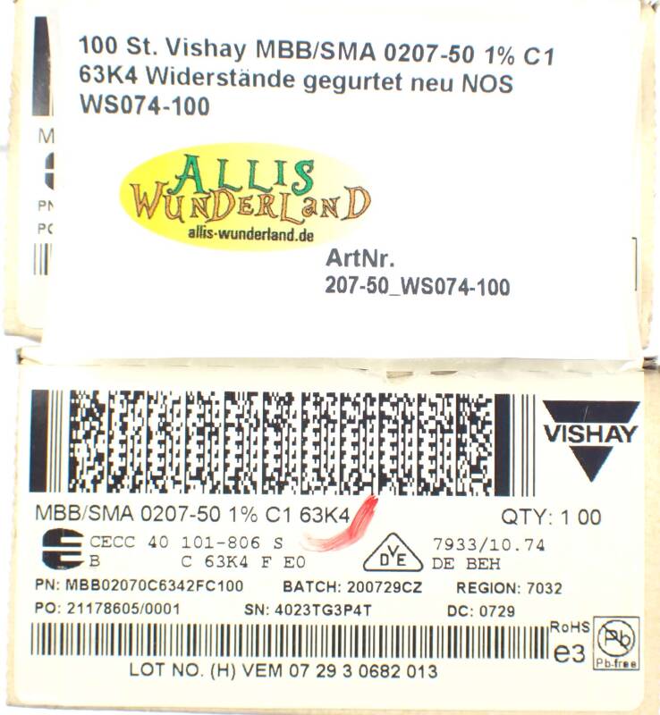 100 St. Vishay MBB/SMA 0207-50 1% C1 63K4 Widerstände gegurtet neu NOS WS074-100