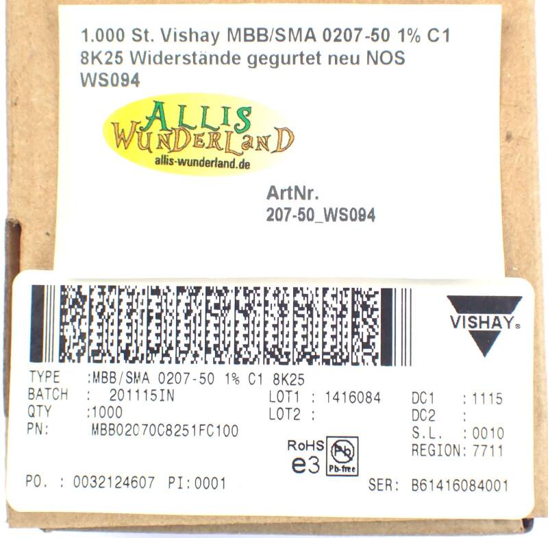 1.000 St. Vishay MBB/SMA 0207-50 1% C1 8K25 Widerstände gegurtet neu NOS WS094