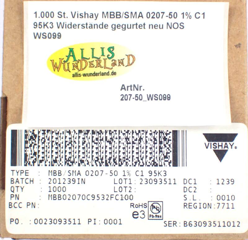 1.000 St. Vishay MBB/SMA 0207-50 1% C1 95K3 Widerstände gegurtet neu NOS WS099