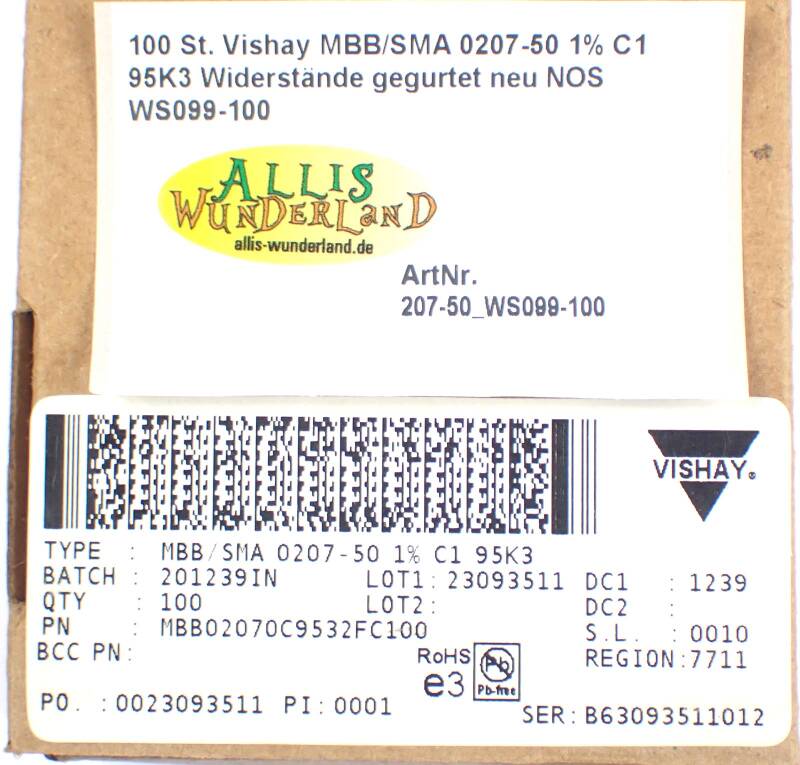 100 St. Vishay MBB/SMA 0207-50 1% C1 95K3 Widerstände gegurtet neu NOS WS099-100