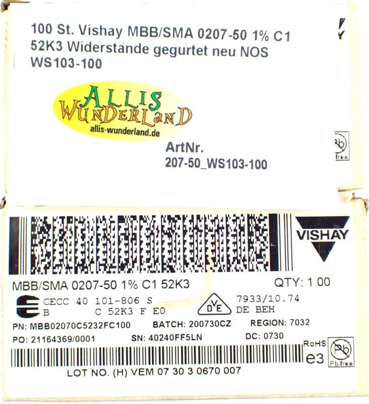 100 St. Vishay MBB/SMA 0207-50 1% C1 52K3 Widerstände gegurtet neu NOS WS103-100