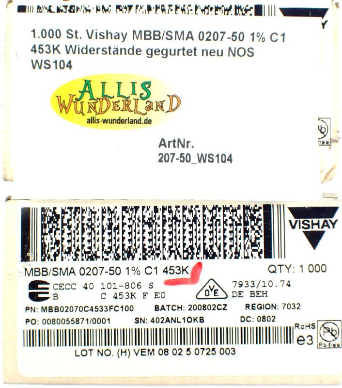 1.000 St. Vishay MBB/SMA 0207-50 1% C1 453K Widerstände gegurtet neu NOS WS104