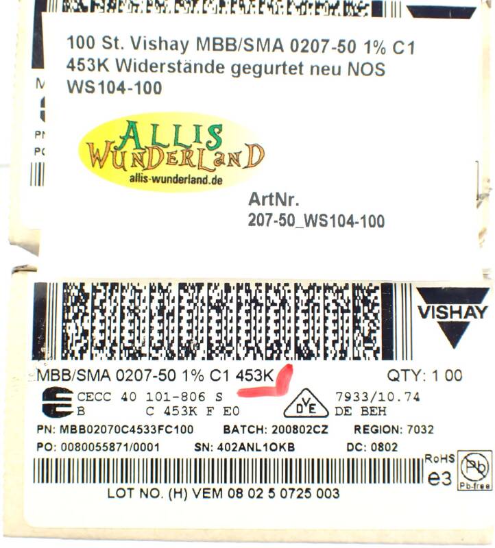 100 St. Vishay MBB/SMA 0207-50 1% C1 453K Widerstände gegurtet neu NOS WS104-100