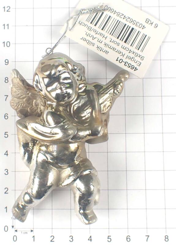 Engel mit Geige antik silber, mit Öse zum hängen, partiell glänzend, 9 cm hoch