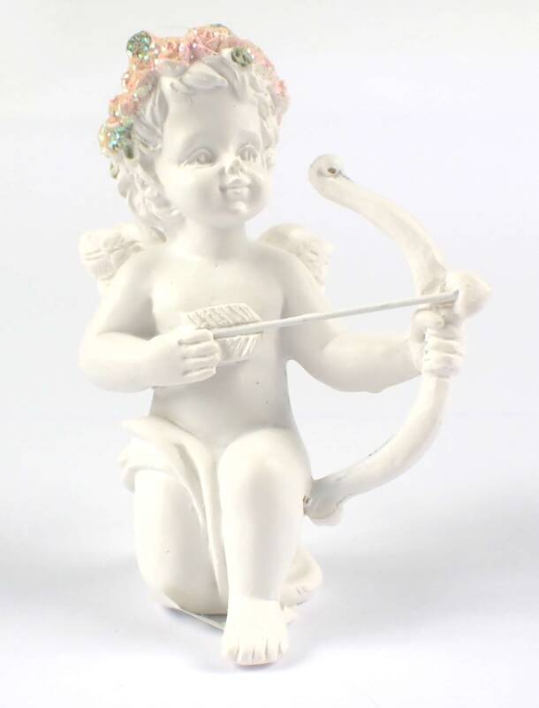 Engel mit Pfeil und Bogen, süßem Glitzerkranz, kniend, 8 cm hoch, Kunststein R