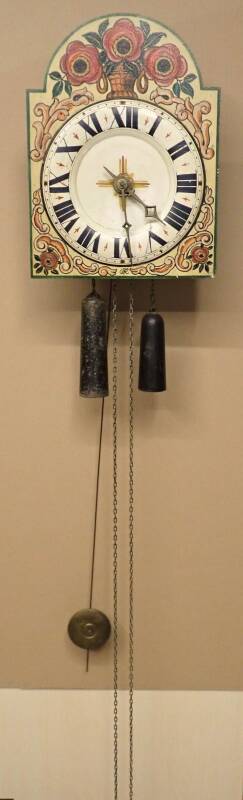 alte Holz Schilduhr mit Pendel und Gewichte handbemalt läuft zuverlässig H274