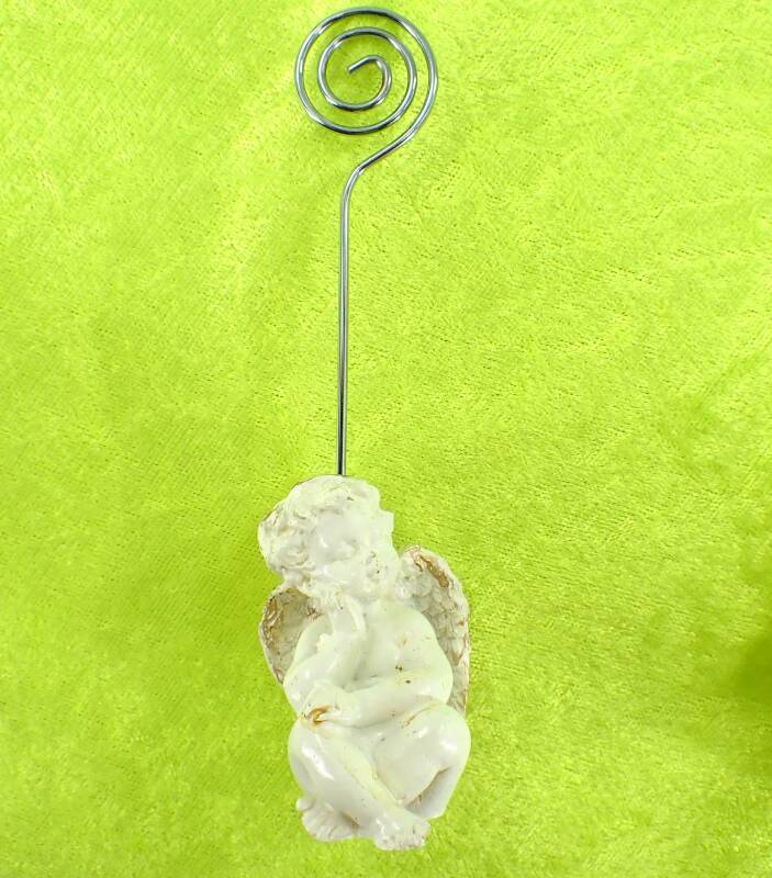sitzender Engel / Putte als Karten- Fotohalter weiß/gold 12,5/5 cm hoch