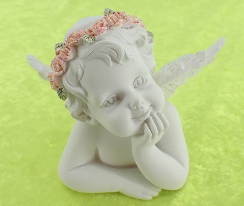 Engelskopf auf Kinn gestützt Blüten-Glitzerkranz 10 cm hoch, Kunststein